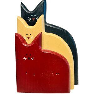 Primitive Country Core MCM Handmade Vintage Wooden Cat Trio Shelf Decor
